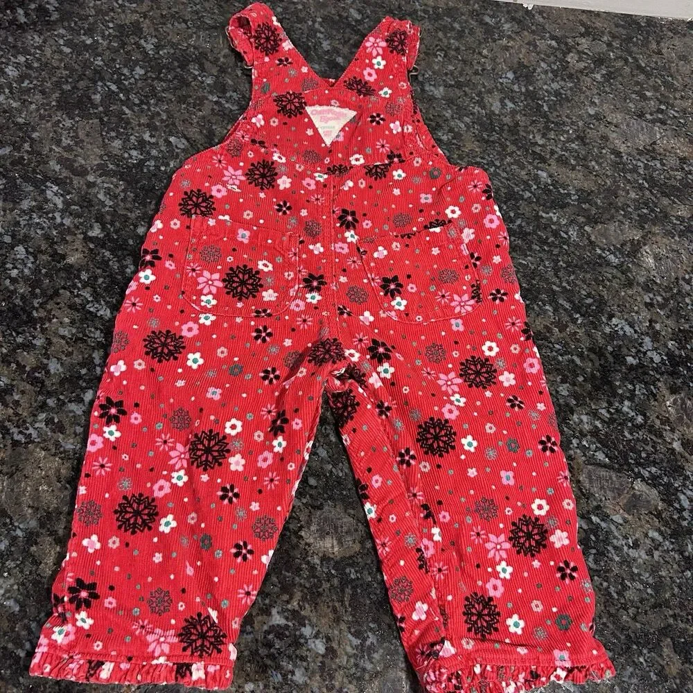 Vintage Oshkosh Floral Snowflake Red Overalls 100% Cotton Infant 9 M Corduroy